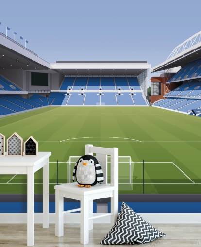 sininen ja vihreä jalkapallostadionin taustakuva nimeltä Ibrox Football Stadium, kirjoittanut Matthew J I Wood Design & Illustration lasten makuuhuoneisiin