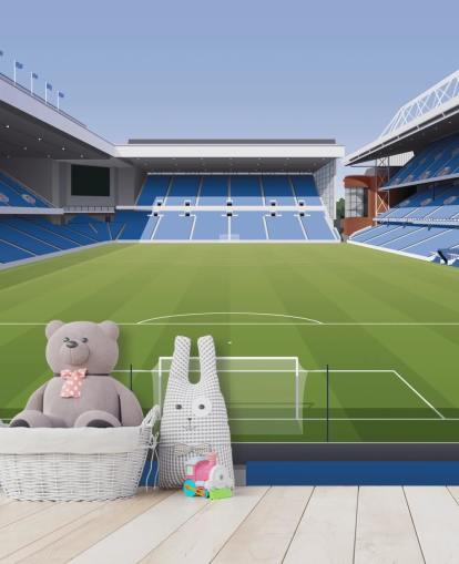 papel pintado azul y verde de un estadio de fútbol llamado Ibrox Football Stadium de Matthew J I Wood Diseño e ilustración para dormitorios de niños
