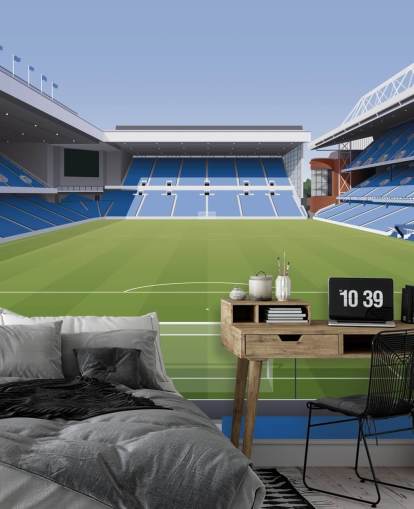 blauw en groen voetbalstadionbehang genaamd Ibrox Football Stadium van Matthew J I Wood Design & Illustration voor kinderkamers
