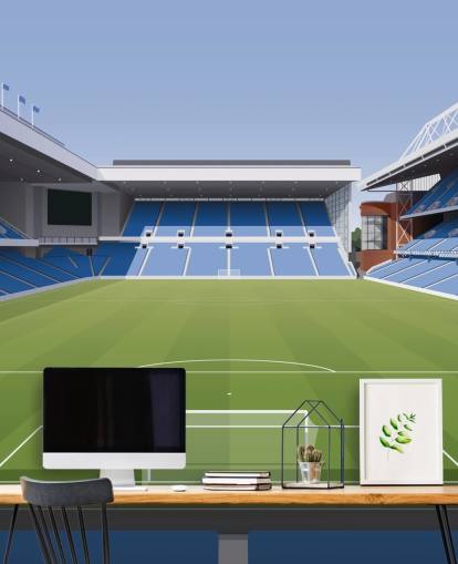 blauw en groen voetbalstadionbehang genaamd Ibrox Football Stadium van Matthew J I Wood Design & Illustration voor kinderkamers