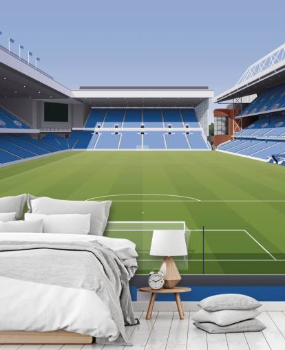 papel pintado azul y verde de un estadio de fútbol llamado Ibrox Football Stadium de Matthew J I Wood Diseño e ilustración para dormitorios de niños