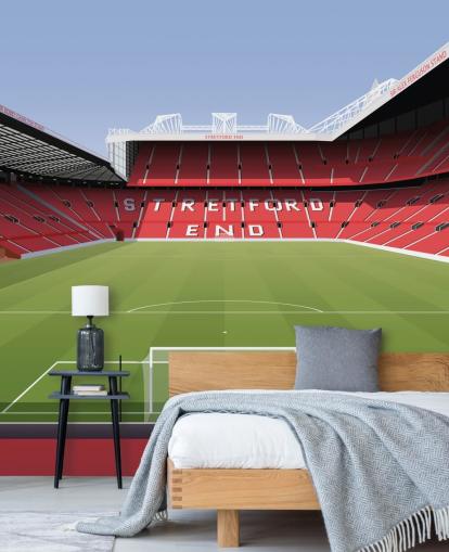 mural rojo y verde de un estadio de fútbol llamado Old Trafford Football Stadium de Matthew J I Wood Diseño e ilustración para dormitorios de niños mural rojo y verde de un estadio de fútbol llamado Old Trafford Football Stadium de Matthew J I Wood Diseño e ilustración para dormitorios de niños