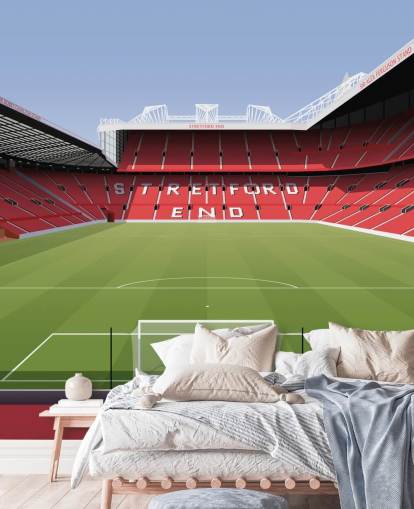 Carta da parati murale con stadio di calcio rosso e verde chiamato Old Trafford Football Stadium di Matthew J I Wood Design & Illustration per camerette per bambini Carta da parati murale con stadio di calcio rosso e verde chiamato Old Trafford Football Stadium di Matthew J I Wood Design & Illustration per camerette per bambini