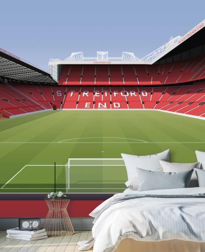Rote und grüne Fußballstadion-Tapete namens Old Trafford Football Stadium von Matthew J I Wood Design & Illustration für Kinderzimmer