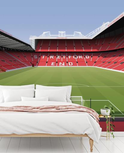 mural rojo y verde de un estadio de fútbol llamado Old Trafford Football Stadium de Matthew J I Wood Diseño e ilustración para dormitorios de niños