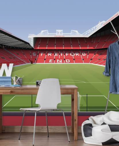 Carta da parati murale con stadio di calcio rosso e verde chiamato Old Trafford Football Stadium di Matthew J I Wood Design & Illustration per camerette per bambini Carta da parati murale con stadio di calcio rosso e verde chiamato Old Trafford Football Stadium di Matthew J I Wood Design & Illustration per camerette per bambini