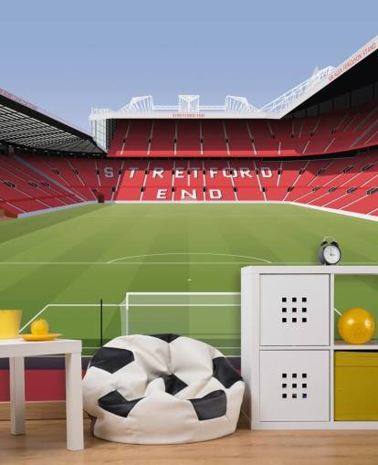 rode en groene muurschildering voor voetbalstadion genaamd Old Trafford Football Stadium van Matthew J I Wood Design & Illustration voor kinderkamers
