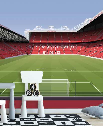 mural de papel de parede de estádio de futebol vermelho e verde chamado Estádio de Futebol de Old Trafford, de Matthew J I Wood Design & Illustration para quartos infantis mural de papel de parede de estádio de futebol vermelho e verde chamado Estádio de Futebol de Old Trafford, de Matthew J I Wood Design & Illustration para quartos infantis
