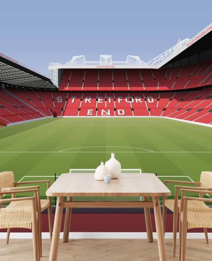 mural de papel de parede de estádio de futebol vermelho e verde chamado Estádio de Futebol de Old Trafford, de Matthew J I Wood Design & Illustration para quartos infantis mural de papel de parede de estádio de futebol vermelho e verde chamado Estádio de Futebol de Old Trafford, de Matthew J I Wood Design & Illustration para quartos infantis