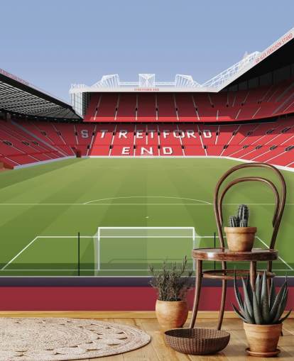 mural rojo y verde de un estadio de fútbol llamado Old Trafford Football Stadium de Matthew J I Wood Diseño e ilustración para dormitorios de niños