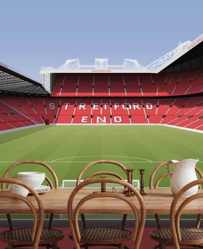 mural de papel de parede de estádio de futebol vermelho e verde chamado Estádio de Futebol de Old Trafford, de Matthew J I Wood Design & Illustration para quartos infantis mural de papel de parede de estádio de futebol vermelho e verde chamado Estádio de Futebol de Old Trafford, de Matthew J I Wood Design & Illustration para quartos infantis