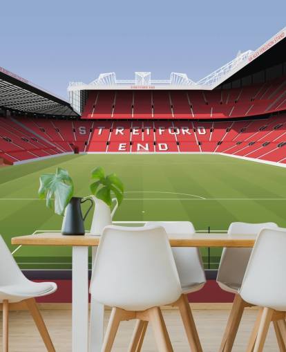 röd och grön fotbollsstadion tapetväggmålning som heter Old Trafford Football Stadium av Matthew J I Wood Design & Illustration för barns sovrum