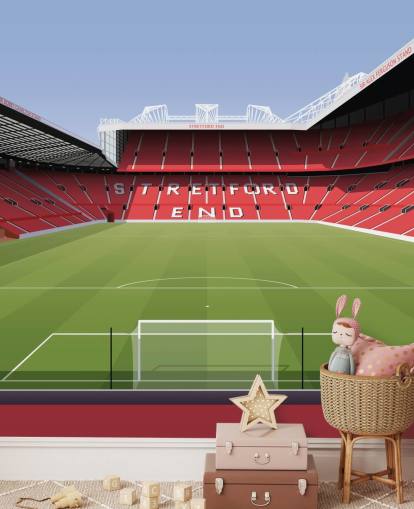 red and green football stadium wallpaper mural called Old Trafford Football Stadium by Matthew J I Wood Design & Illustration for child's bedrooms