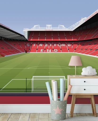 rode en groene muurschildering voor voetbalstadion genaamd Old Trafford Football Stadium van Matthew J I Wood Design & Illustration voor kinderkamers