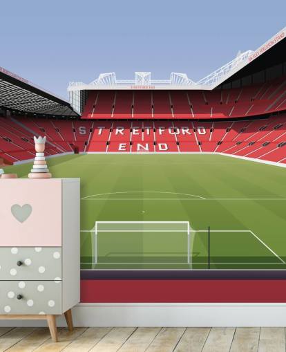 red and green football stadium wallpaper mural called Old Trafford Football Stadium by Matthew J I Wood Design & Illustration for child's bedrooms