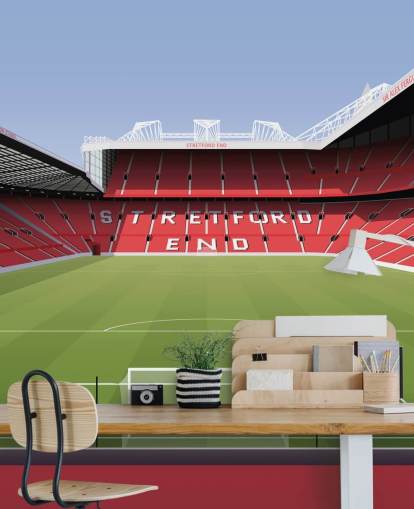 rødt og grønt fodboldstadion tapetmaleri kaldet Old Trafford Football Stadium af Matthew J I Wood Design & Illustration til børns soveværelser