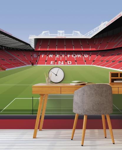 rødt og grønt fodboldstadion tapetmaleri kaldet Old Trafford Football Stadium af Matthew J I Wood Design & Illustration til børns soveværelser