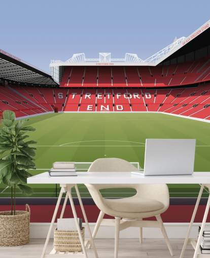 mural rojo y verde de un estadio de fútbol llamado Old Trafford Football Stadium de Matthew J I Wood Diseño e ilustración para dormitorios de niños