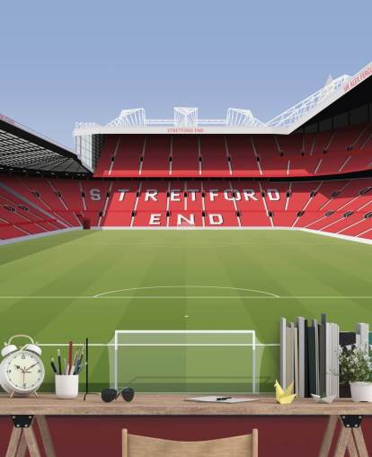röd och grön fotbollsstadion tapetväggmålning som heter Old Trafford Football Stadium av Matthew J I Wood Design & Illustration för barns sovrum