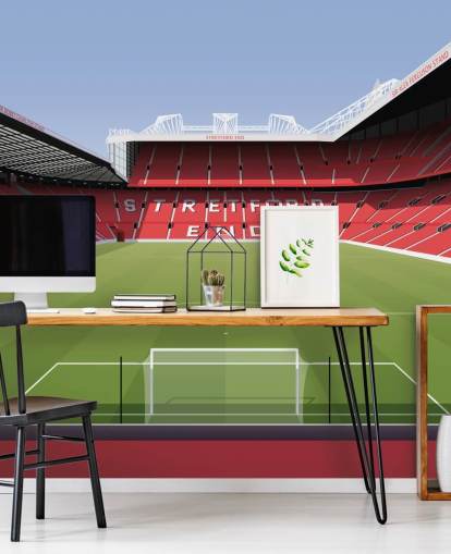 red and green football stadium wallpaper mural called Old Trafford Football Stadium by Matthew J I Wood Design & Illustration for child's bedrooms