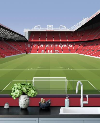 red and green football stadium wallpaper mural called Old Trafford Football Stadium by Matthew J I Wood Design & Illustration for child's bedrooms