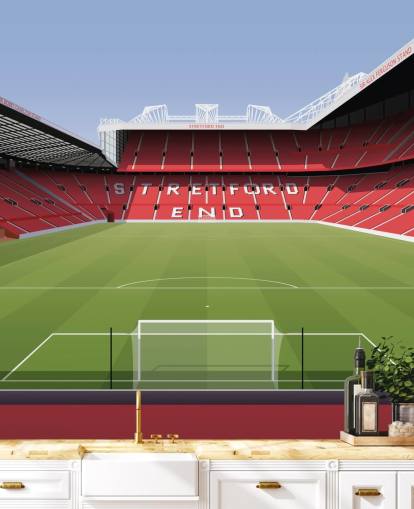 mural rojo y verde de un estadio de fútbol llamado Old Trafford Football Stadium de Matthew J I Wood Diseño e ilustración para dormitorios de niños mural rojo y verde de un estadio de fútbol llamado Old Trafford Football Stadium de Matthew J I Wood Diseño e ilustración para dormitorios de niños
