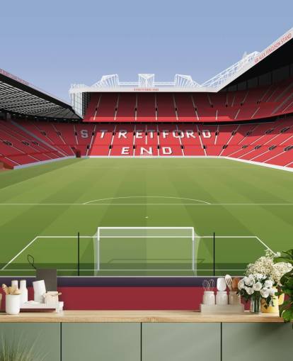 Rote und grüne Fußballstadion-Tapete namens Old Trafford Football Stadium von Matthew J I Wood Design & Illustration für Kinderzimmer