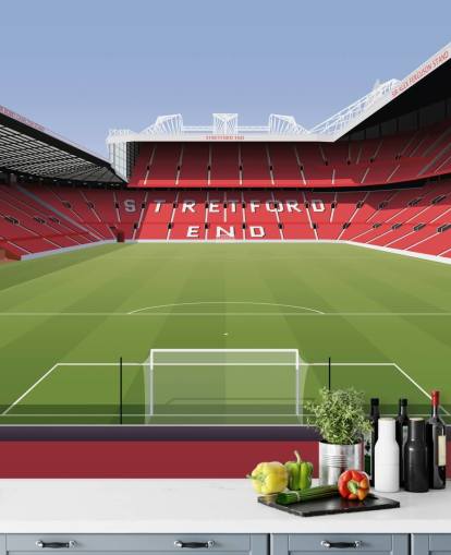 mural de papel de parede de estádio de futebol vermelho e verde chamado Estádio de Futebol de Old Trafford, de Matthew J I Wood Design & Illustration para quartos infantis