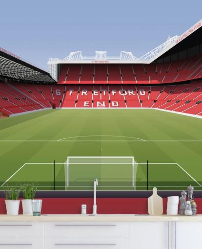 red and green football stadium wallpaper mural called Old Trafford Football Stadium by Matthew J I Wood Design & Illustration for child's bedrooms