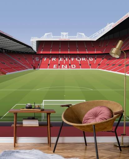 mural de papel de parede de estádio de futebol vermelho e verde chamado Estádio de Futebol de Old Trafford, de Matthew J I Wood Design & Illustration para quartos infantis mural de papel de parede de estádio de futebol vermelho e verde chamado Estádio de Futebol de Old Trafford, de Matthew J I Wood Design & Illustration para quartos infantis