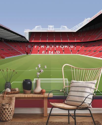 punainen ja vihreä jalkapallostadionin taustakuvamaalaus nimeltä Old Trafford Football Stadium, kirjoittanut Matthew J I Wood Design & Illustration lasten makuuhuoneisiin