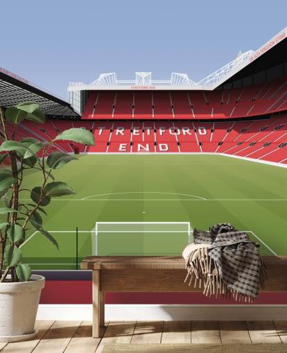 red and green football stadium wallpaper mural called Old Trafford Football Stadium by Matthew J I Wood Design & Illustration for child's bedrooms