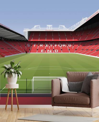 red and green football stadium wallpaper mural called Old Trafford Football Stadium by Matthew J I Wood Design & Illustration for child's bedrooms