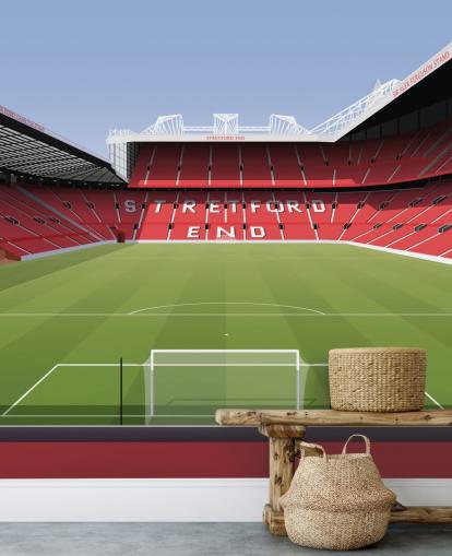 punainen ja vihreä jalkapallostadionin taustakuvamaalaus nimeltä Old Trafford Football Stadium, kirjoittanut Matthew J I Wood Design & Illustration lasten makuuhuoneisiin