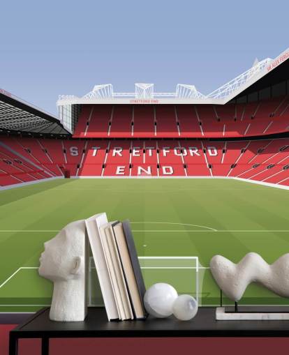 mural rojo y verde de un estadio de fútbol llamado Old Trafford Football Stadium de Matthew J I Wood Diseño e ilustración para dormitorios de niños