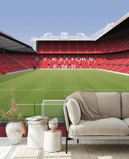 mural rojo y verde de un estadio de fútbol llamado Old Trafford Football Stadium de Matthew J I Wood Diseño e ilustración para dormitorios de niños mural rojo y verde de un estadio de fútbol llamado Old Trafford Football Stadium de Matthew J I Wood Diseño e ilustración para dormitorios de niños