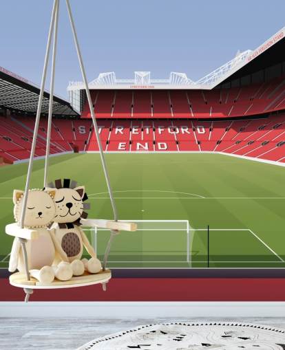 Carta da parati murale con stadio di calcio rosso e verde chiamato Old Trafford Football Stadium di Matthew J I Wood Design & Illustration per camerette per bambini