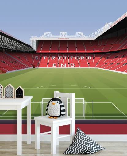 Rote und grüne Fußballstadion-Tapete namens Old Trafford Football Stadium von Matthew J I Wood Design & Illustration für Kinderzimmer