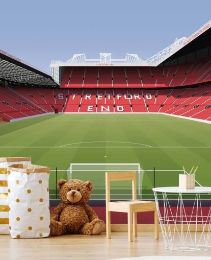 Rote und grüne Fußballstadion-Tapete namens Old Trafford Football Stadium von Matthew J I Wood Design & Illustration für Kinderzimmer