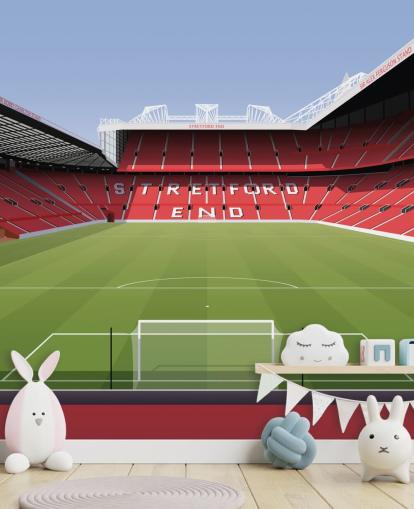 red and green football stadium wallpaper mural called Old Trafford Football Stadium by Matthew J I Wood Design & Illustration for child's bedrooms