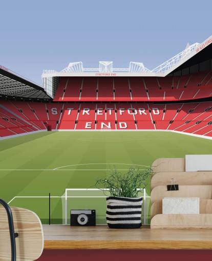 röd och grön fotbollsstadion tapetväggmålning som heter Old Trafford Football Stadium av Matthew J I Wood Design & Illustration för barns sovrum röd och grön fotbollsstadion tapetväggmålning som heter Old Trafford Football Stadium av Matthew J I Wood Design & Illustration för barns sovrum