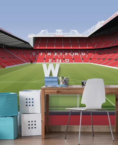 rødt og grønt fodboldstadion tapetmaleri kaldet Old Trafford Football Stadium af Matthew J I Wood Design & Illustration til børns soveværelser rødt og grønt fodboldstadion tapetmaleri kaldet Old Trafford Football Stadium af Matthew J I Wood Design & Illustration til børns soveværelser