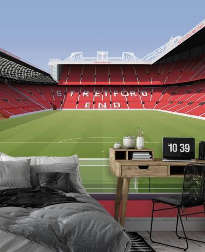 rødt og grønt fotballstadion tapet veggmaleri kalt Old Trafford Football Stadium av Matthew J I Wood Design & Illustrasjon for barnas soverom