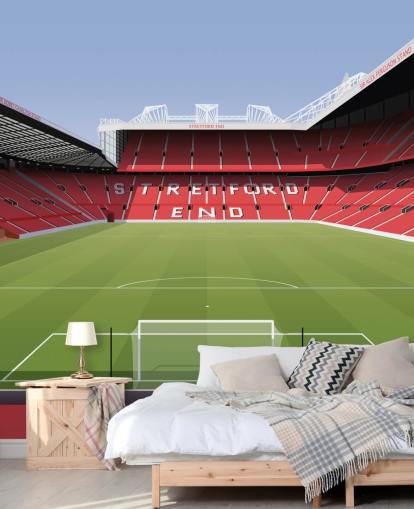 mural rojo y verde de un estadio de fútbol llamado Old Trafford Football Stadium de Matthew J I Wood Diseño e ilustración para dormitorios de niños
