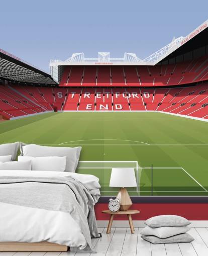 mural rojo y verde de un estadio de fútbol llamado Old Trafford Football Stadium de Matthew J I Wood Diseño e ilustración para dormitorios de niños