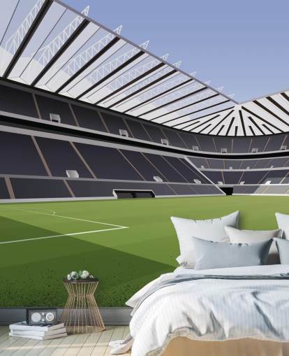 zwart-groene muurschildering van Newcastle United genaamd St James' Park Football Stadium van Matthew J I Wood Design & Illustration voor de kinderkamer