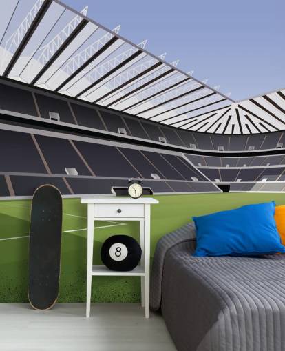 zwart-groene muurschildering van Newcastle United genaamd St James' Park Football Stadium van Matthew J I Wood Design & Illustration voor de kinderkamer