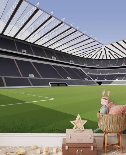 zwart-groene muurschildering van Newcastle United genaamd St James' Park Football Stadium van Matthew J I Wood Design & Illustration voor de kinderkamer