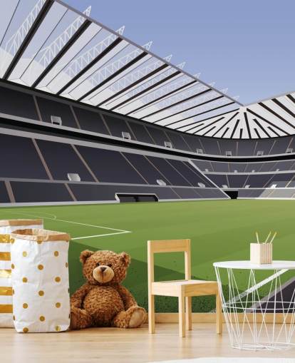 zwart-groene muurschildering van Newcastle United genaamd St James' Park Football Stadium van Matthew J I Wood Design & Illustration voor de kinderkamer