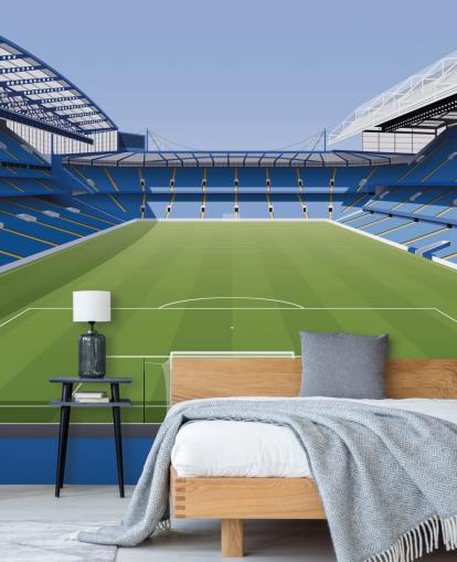 blue and green Chelsea wallpaper mural called Stamford Bridge Football Stadium by Matthew J I Wood Design & Illustration for kids bedrooms